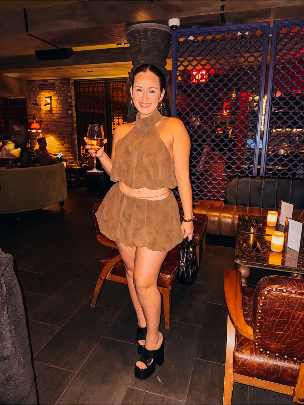 Brown Suede Two-Piece Halter Crop Top and Skirt Set